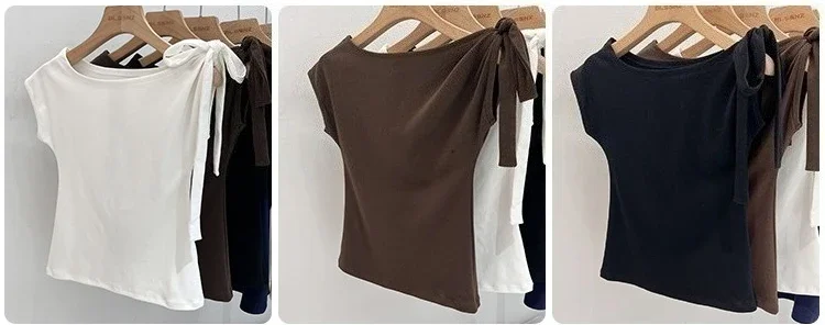 Trendy High Street Einfarbig Fliege Asymmetrische Schulter T-shirt 2026 Sommer Frauen T-shirt Sexy Mode Slim Fit Tees Crop Top – Detail 3