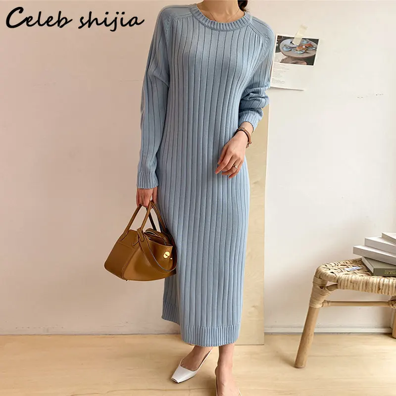 

Blue Knitted Dress for Women Thicken 2023 Autumn Raglan Sleeve Long Knitwear Harajuku Style Loose Thicken Cashmere Jumper Winter