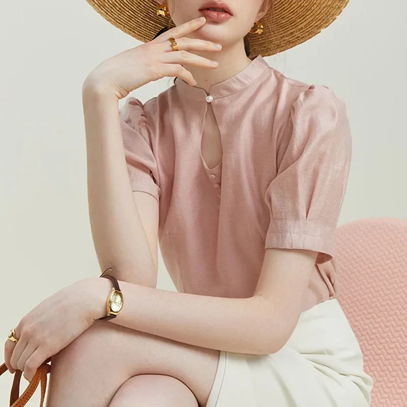 

Шифоновая женская рубашка в китайском стиле, летняя Модная Повседневная Блузка, однотонная одежда, свободные женские топы с коротким рукавом