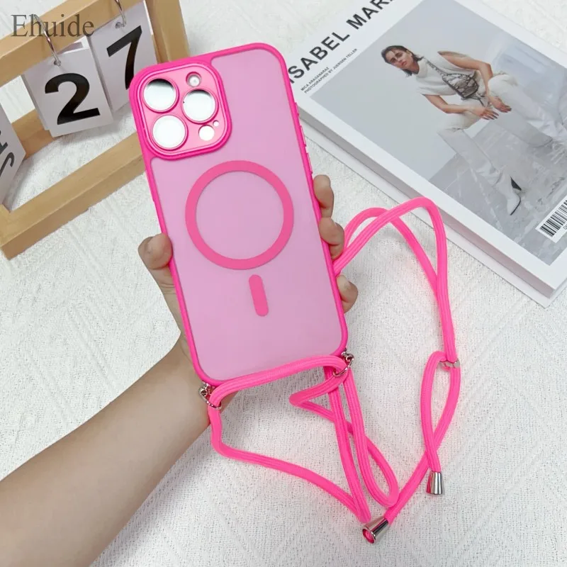 Magnetische Armband-Hülle für iPhone 17, 16, Pro Max, 15, 14 Plus, 13, 12, 16E, kabelloses Laden, luxuriöse, matte, klare, stoßfeste Umhängetasche – Detail 4