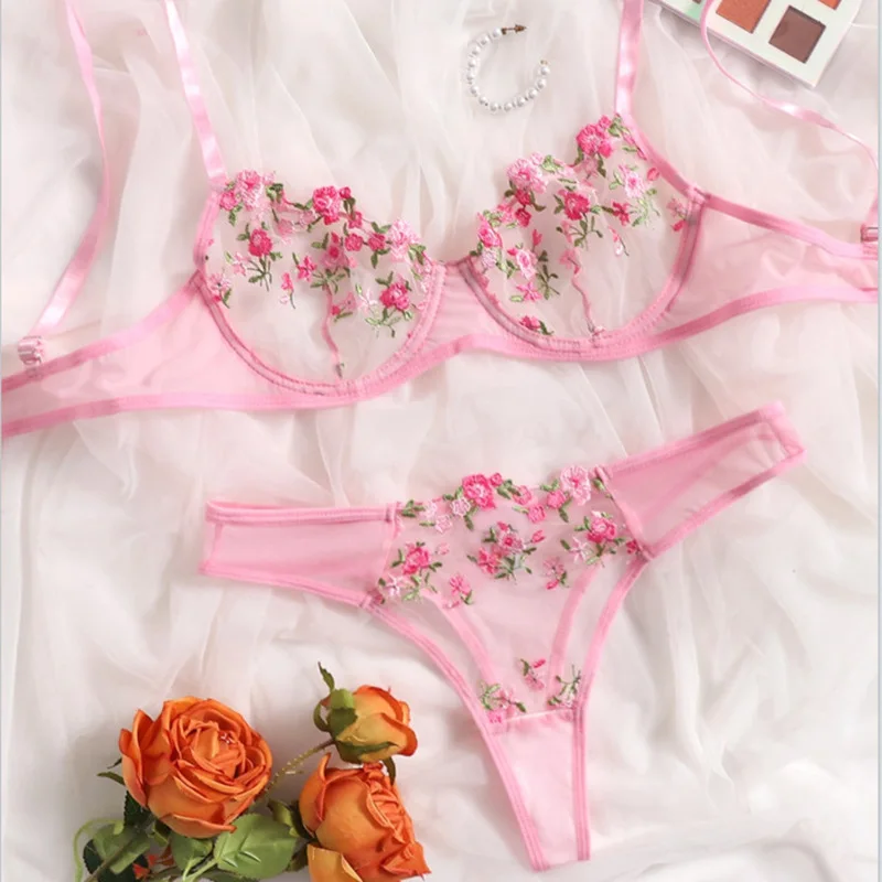 

2pcs/Set Sexy Lingerie Women Floral Embroidery Flower Transparent Lace Underwear Short Pink Delicate Fairy Bra and Panty Set