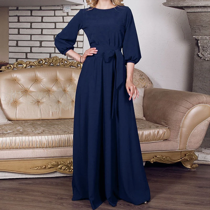 Vintage Bow Tie Maxi Dress 2023 Women Lantern Sleeve Long Party Dresses