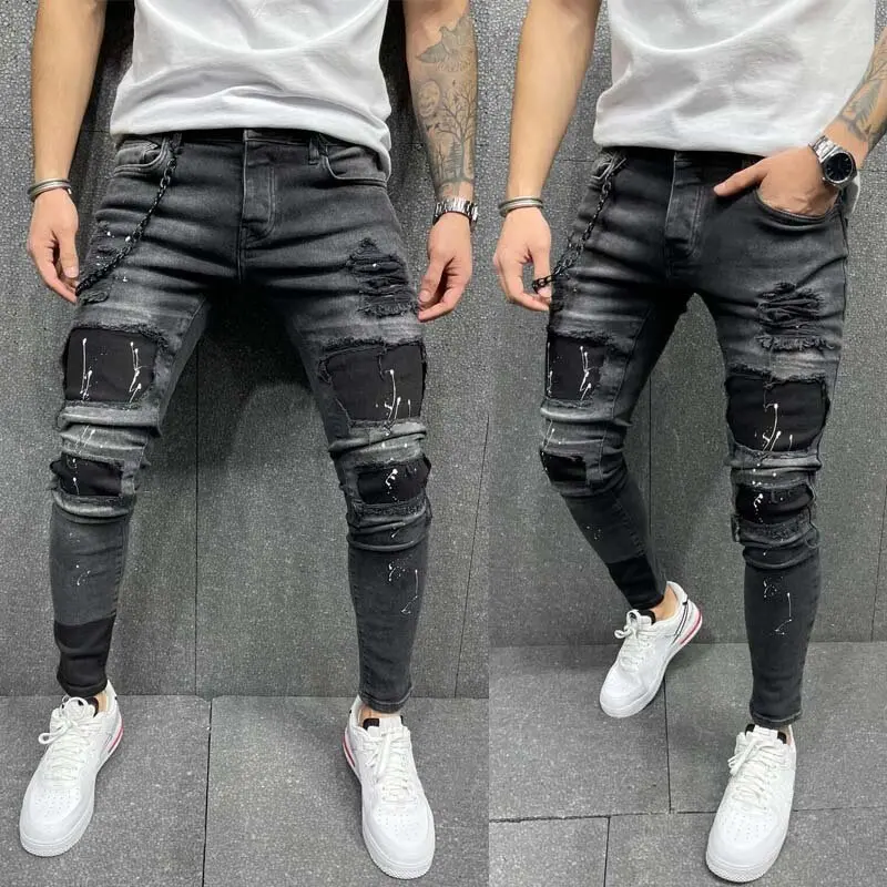 Plus Size S-3XL Men Ripped Jeans Spring Autumn Fashion Casual Washed Hole Slim Skinny Pencil Long Denim Pants Hip Hop