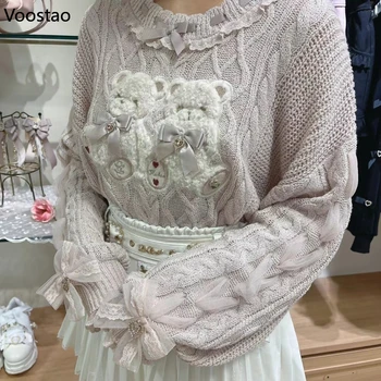 Vintage Sweet Lolita Style Knitted Pullover Girls Cute Plush Cartoon Bear Embroidery Bow Sweater Women Harajuku Knitwear Tops 1