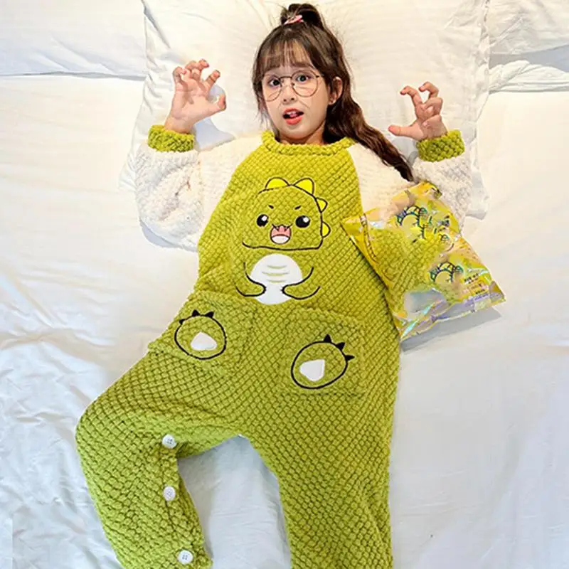 Children Onesie Pajamas Warm Sleepwear With Dinosaur Pattern And 2 Small Pockets Velvet Pajamas Home Clothes For Autumn And