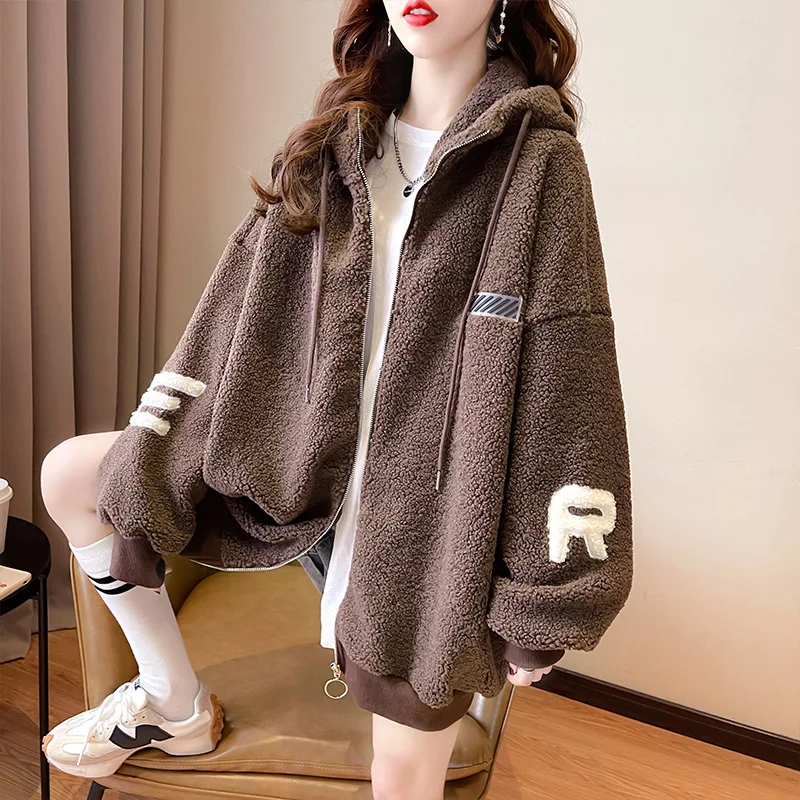 2023 Spring Autumn Hoodies Women New Fashion Kpop Loose Large Size Hoodies Cashmere Fleece Thickened Zip-up Clothes