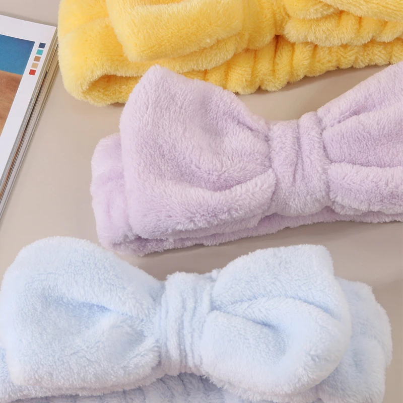 Women Wash Face Headband Hair Holder Soft Wash Face Wristband Absorb Water Coral Fleece Cute Bow Hairbands Set