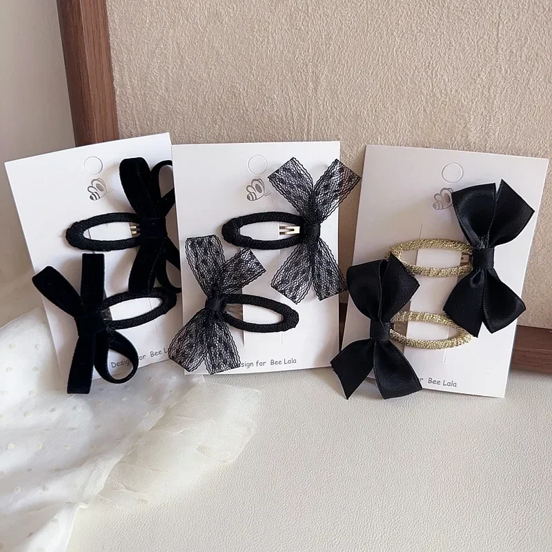 2pcs/set Velvet Black Bow BB Clips New Fashion Lace Hair Clips for Girls Teens Barrettes with Ribbon Trim Headwear Accessories