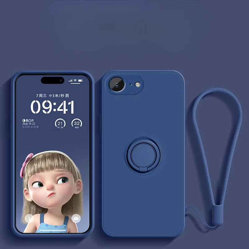 Liquid Silicone Ring Stand Phone Case with Lanyard and Magnetic Soft TPU Cover