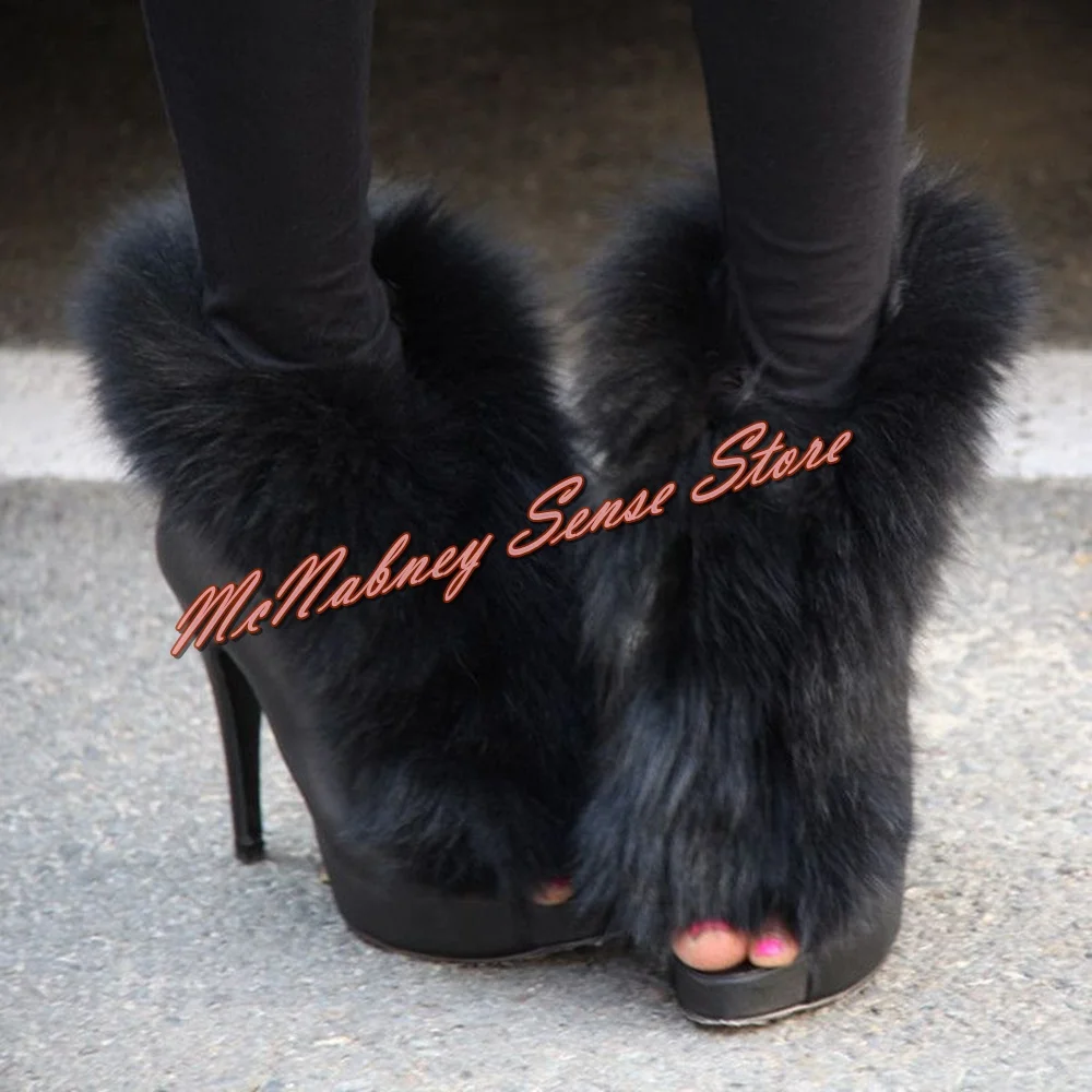 

Real Fox Fur Wrapped Boots Peep Toe Party Ankle Ladies Thin High Heels Street Outfit Women Dress Short Booties Shoes Solid Slip