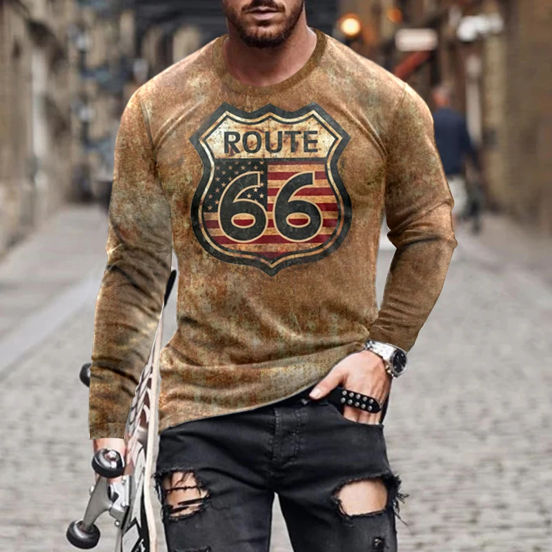 Printed T-shirt Men's Autumn and Winter Loose Clothes Long-sleeved Vintage American Route 66 Letters Fashion O-neck Shirt 5xl