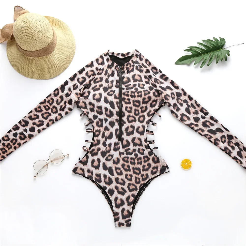 Leopard Print One Piece Swimsuit Snakeskin Print Sexy Swimsuit Long Sleeve Zip Cool Women Push Up Bathing Beachwear#BL3 Women Sport Swimsuits Women Swim Dresses