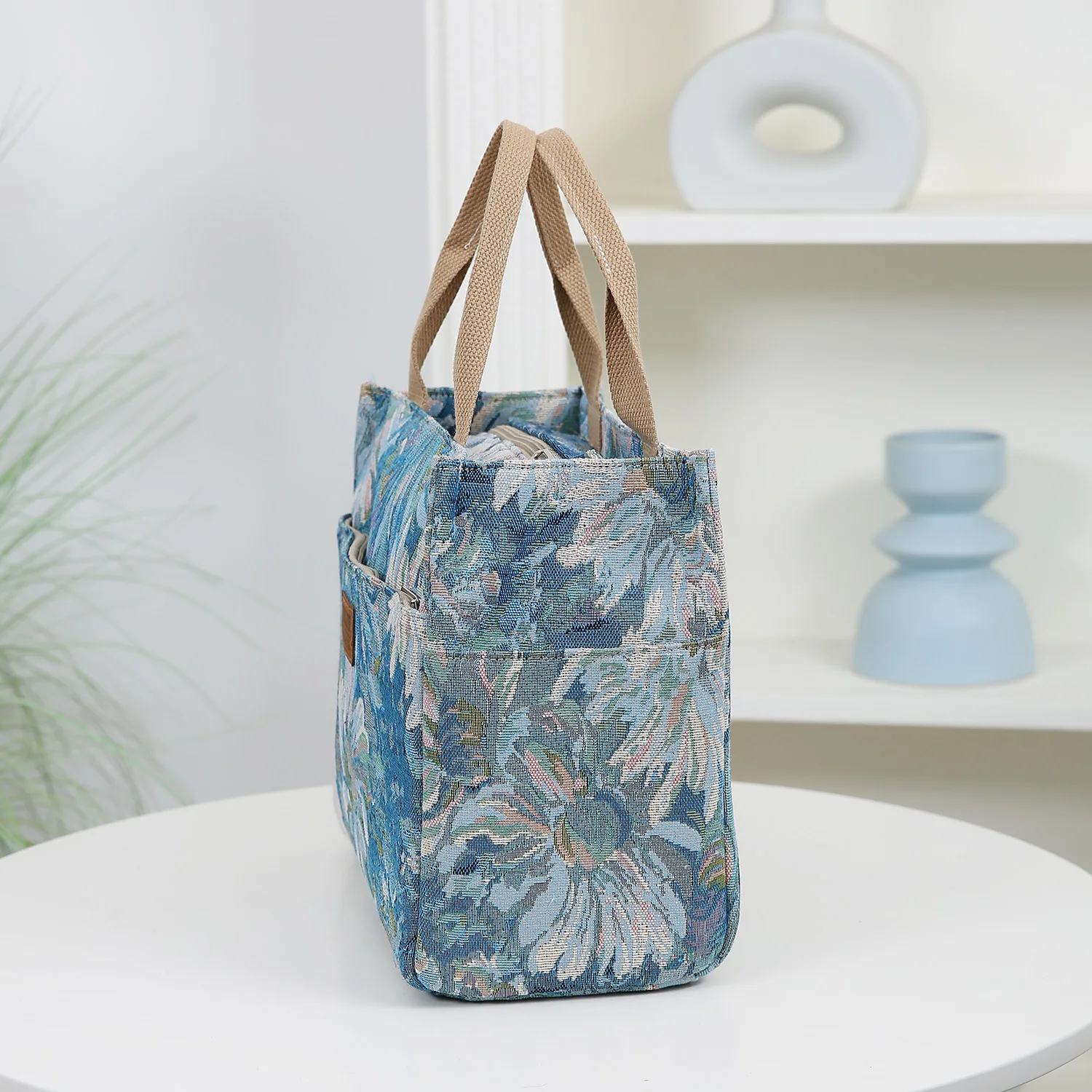 Neue große, dickere Stoffhandtasche, Tragetasche, Einkaufstasche, Allzwecktasche, Lunchbox-Tasche, Bento-Tasche, Blumenmuster – Detail 6