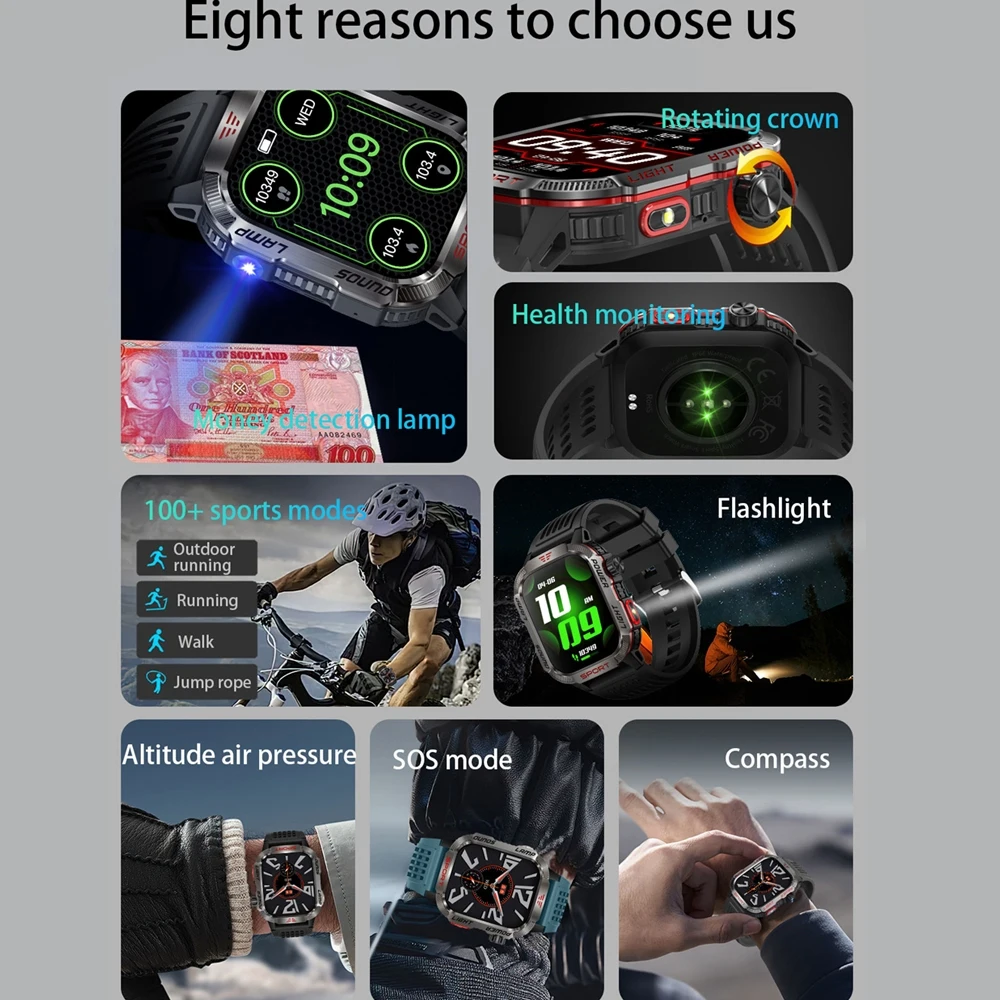 New Global Smartwatch 2.01 Inch 600mAh Large Battery LED Light Compass Men Outdoor Sport Watch Voice Assistant Wireless Call