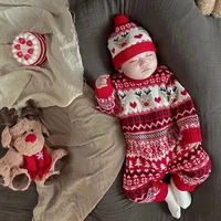 Baby Boy Girl Christmas Romper Knitted With Santa Deer Christmas Jumpsuit +Hat New Year Costume Newborn Knit Christmas Clothes