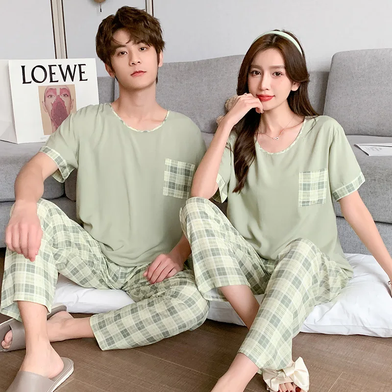

Couple's Pajamas Suit Round Neck Short Sleeve Long Pants Big Size Pajamas Set Summer Nightgowns For Adult Home Clothing Thin