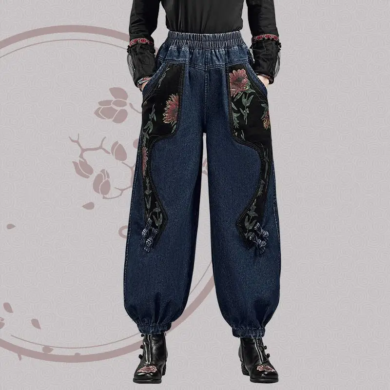 2023 New Spring and Autumn Fashion Retro Ethnic Style Printing Elastic Waist Loose Relaxed Slim Oversize Lantern Pants for Women