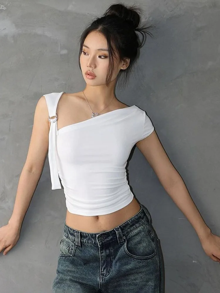 

Summer T-Shirts Women Sexy Folds Sweet Irregular Bandage Design Slim Chic Skew Collar Crop Tops Aesthetic Club