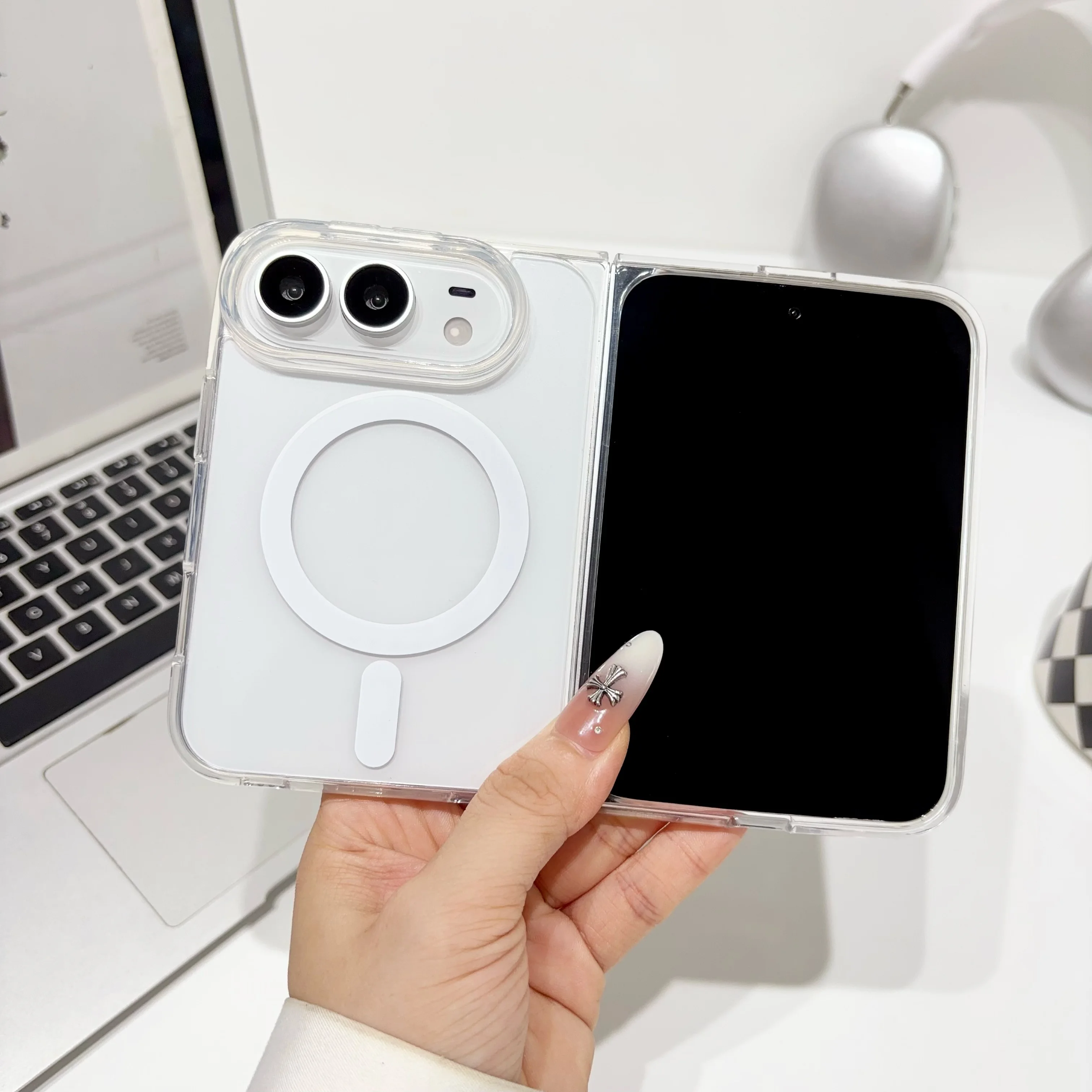 MagSafe-Compatible Transparent Hybrid Phone Case with Wireless Charging and Anti-Fall Protection