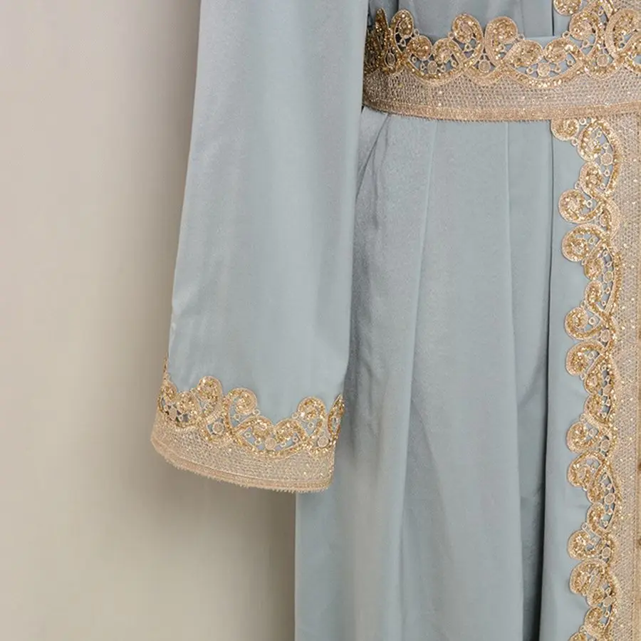 Women Abaya Embroidered Lace Fashion V-neck Dress Belt Green/blue Long Skirt