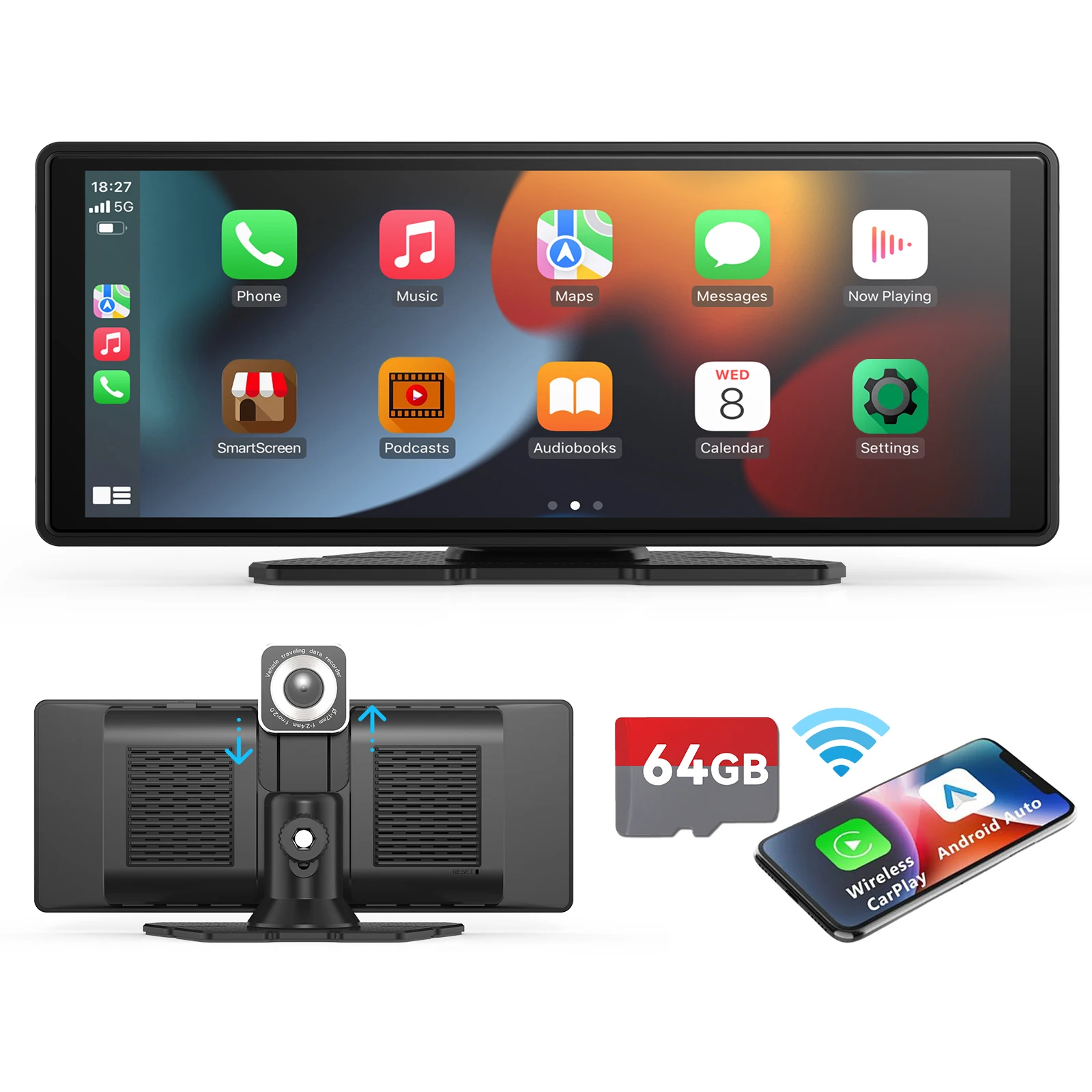 10 Inches Portable Wireless Carplayer with 1080p Dash Cam, Wireless ...