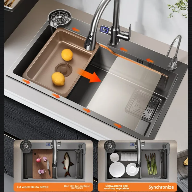 Kitchen Dishwashing Sink,Fruit Basin,Gun Ash,Large Sink,Household Stainless Steel Sink,Under Table Basin Digital display basin