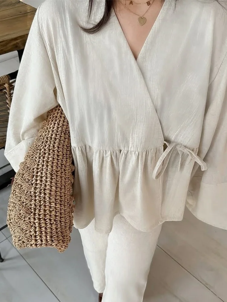 Wmstar Two Pice Set Women Wholesale Woman 2025 Summer New Design V Neck Loose Lace Up Top Wide Leg Long Pants Outfits Fancy Club