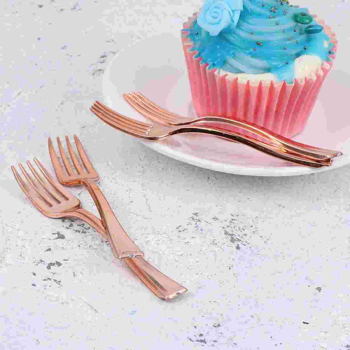 Stainless Steel Table Forks Plastic Disposable Mini Gold Utensils Flatware Salad Cutlery Cocktail Cake Dessert Tasting 24pcs