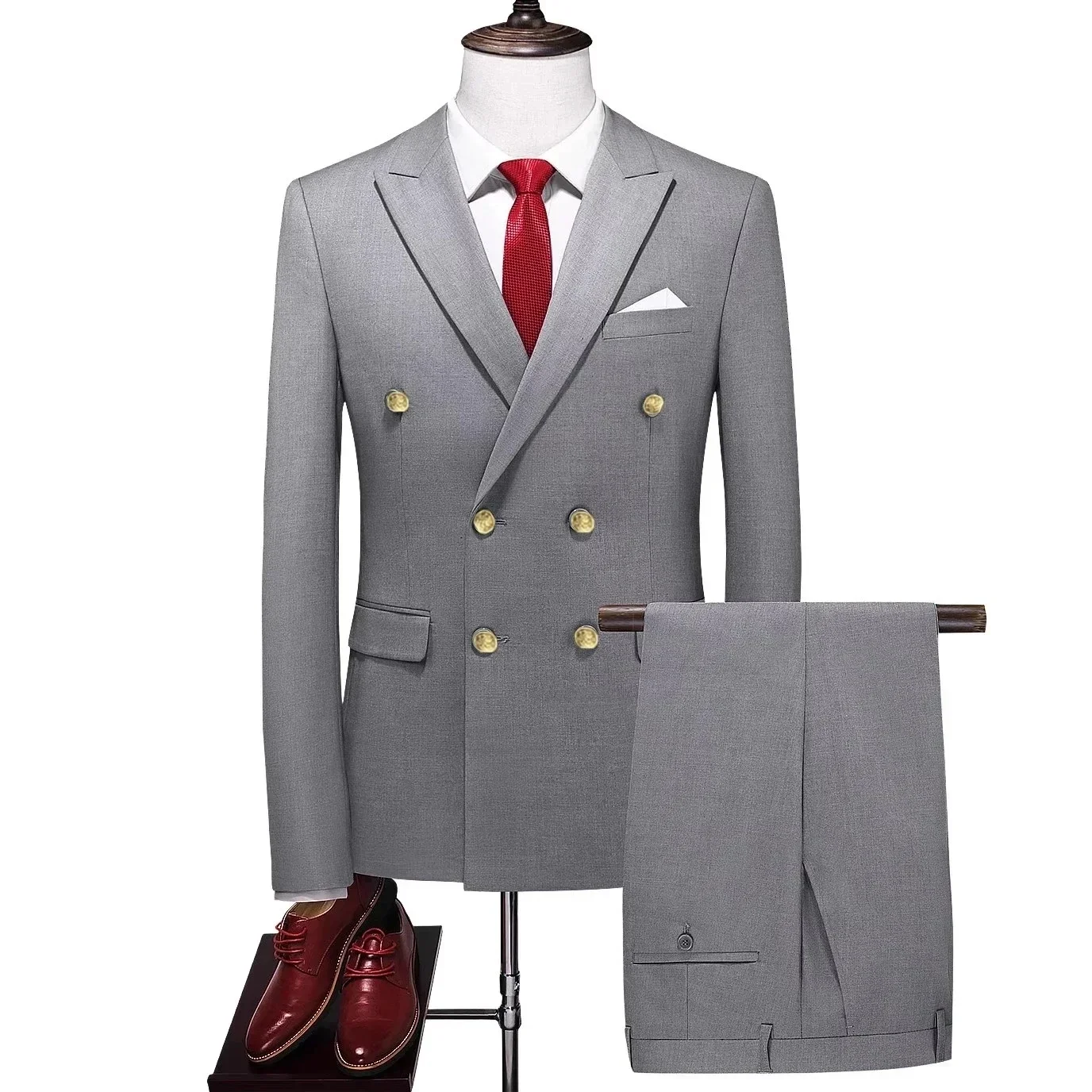 2 Pcs Set Gold Button Blazers Jacket Pants / Fashion Men's Casual Boutique Business Solid Color Suit Coat Trousers mens suit