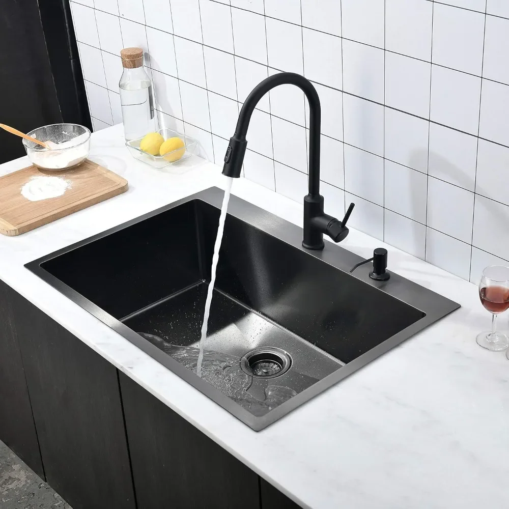 NEW-33″x22″x9″ Drop In Kitchen Sink Black, Top mount SUS304 Stainless Steel Gunmetal Black Sink 18 Gauge Single Bowl, Handmade C