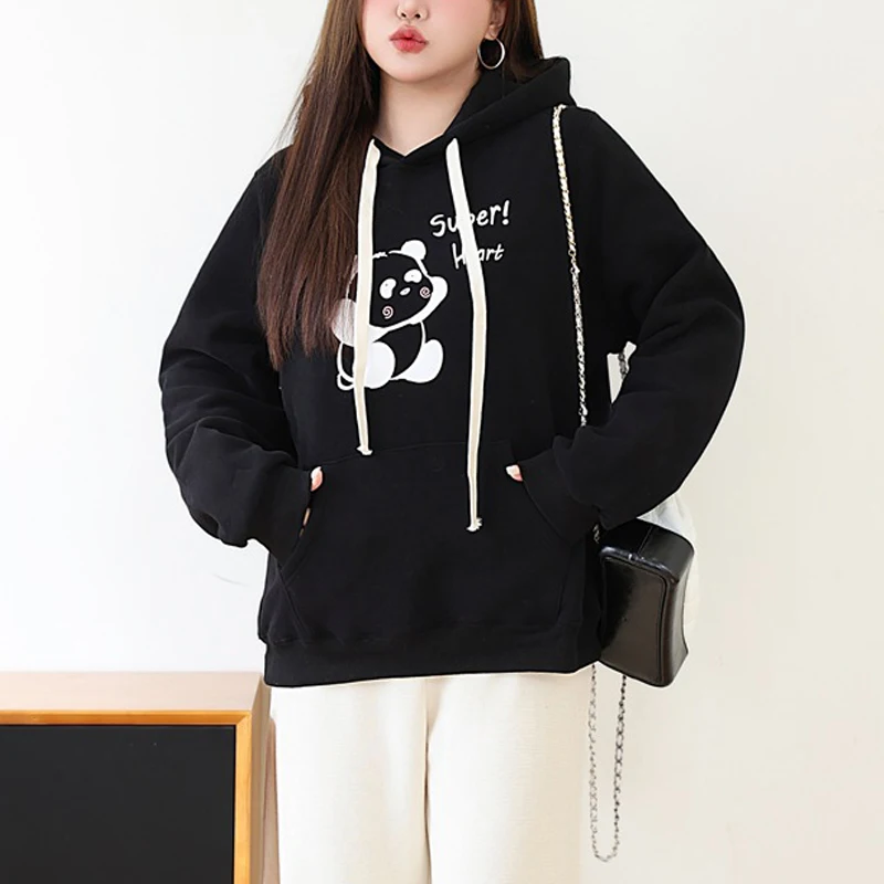 Plus Size Women's Hoodies Premium Thick Drawstring Hooded Sweatshirt Cartoon Panda Print Fleece-lined Autumn Winter 2025