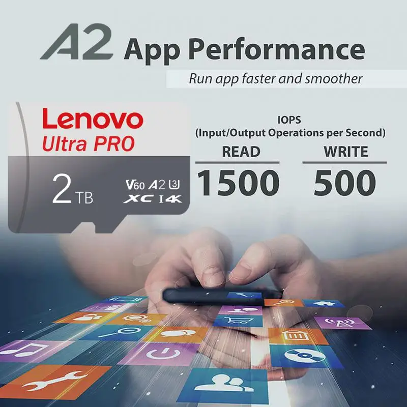 Фото Высокоскоростная SD-карта Lenovo 2 ТБ Micro TF SD U3, 1 ТБ, SD-карта A2, TF-карта 512 ГБ, карта памяти 128 ГБ для камеры, UAV, бесплатная доставка, SD-адаптер №2