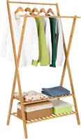 Bamboo Clothing Rack Double Rod Garment Rack with 2 Tier Storage Shelf Closet Organizer for Guest Room, Laundry Room, Apartment, 1