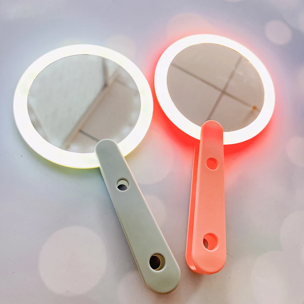 LED 로터리 스위치 메이크업 거울, 여성 핑크 화이트 USB 충전 귀여운 편리한 휴대용 럭셔리 라운드 개인 상표