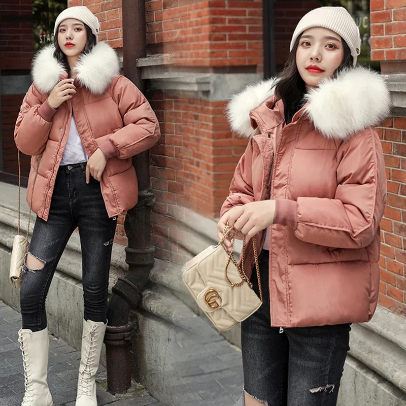 Women's Fashion Large Fur Collar Hooded Thick Cotton Down Thickened Jackets Winter Coats Solid Simple Parkas 2023 Female Outwear