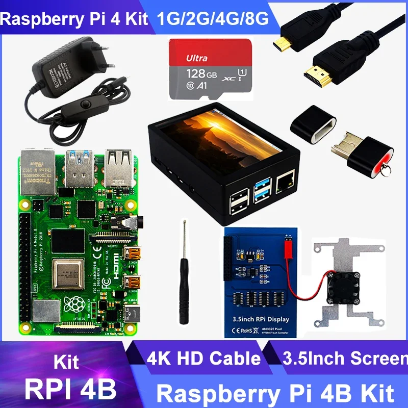 

Raspberry Pi 4 Model B Kit 2GB 4GB 8GB RAM Card Case Cooling Fan 4K HD Video Cable Power Supply for Raspberry Pi 4 B