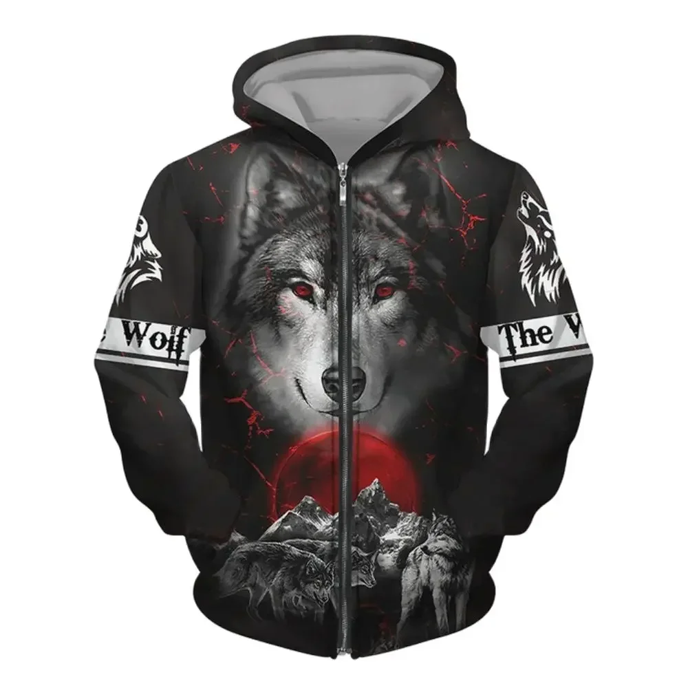 

3D All Over Wolf Printed Mens Hooded Sweatshirt Street Punk Style Zip Pullover Oversized Jacket Coat Fashion Vintage Clothes