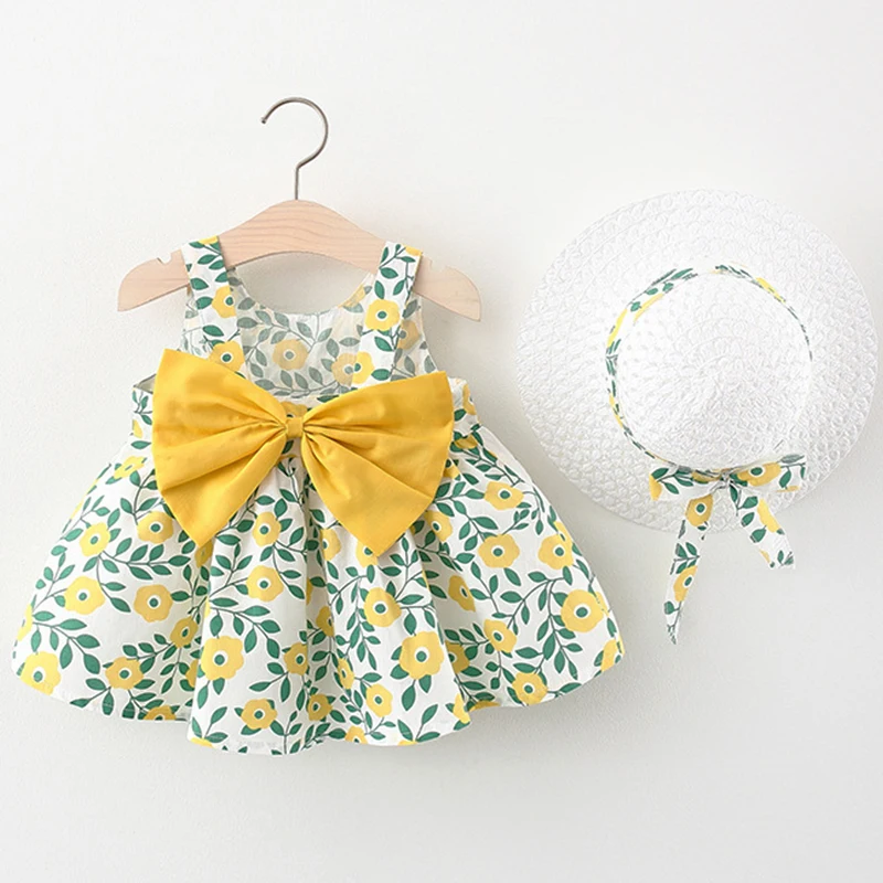 

Летнее пляжное платье принцессы с бантом и цветами для маленьких девочек, хлопковое платье без рукавов + сарафан, комплект одежды для новоро...