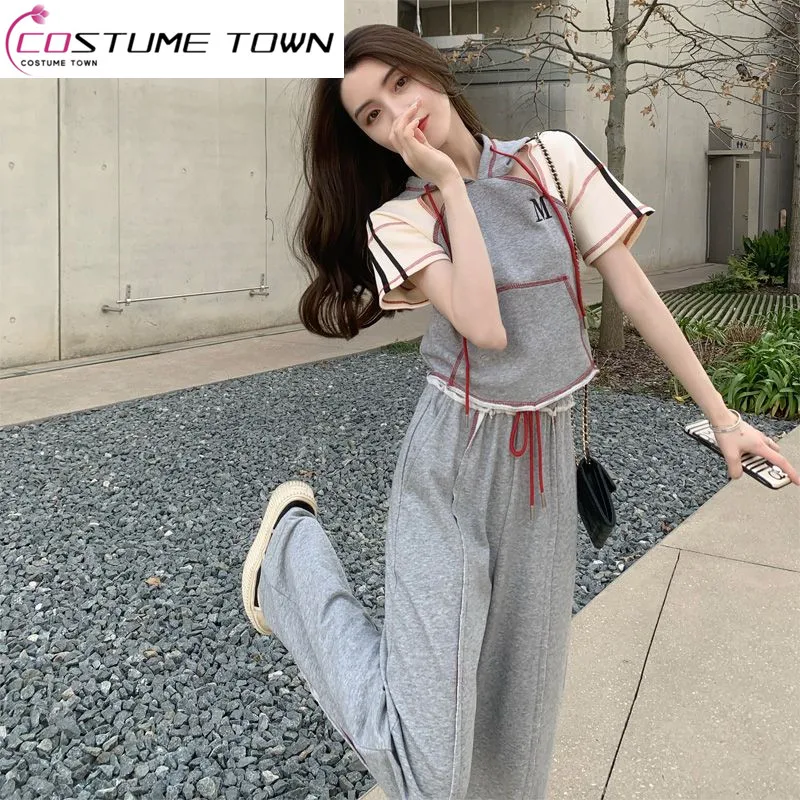 

Casual Set Women's Spring/Summer 2023 New Fashion Age Reducing Contrast Hooded Top Wide Leg Pants Two Piece Set