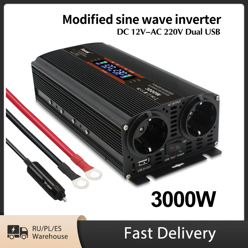 

Off-grid 3000W External Fuse DC 12V/24V to AC 220V 230V LCD Voltage Display Solar Power Converter Dual EU Socket Inverte