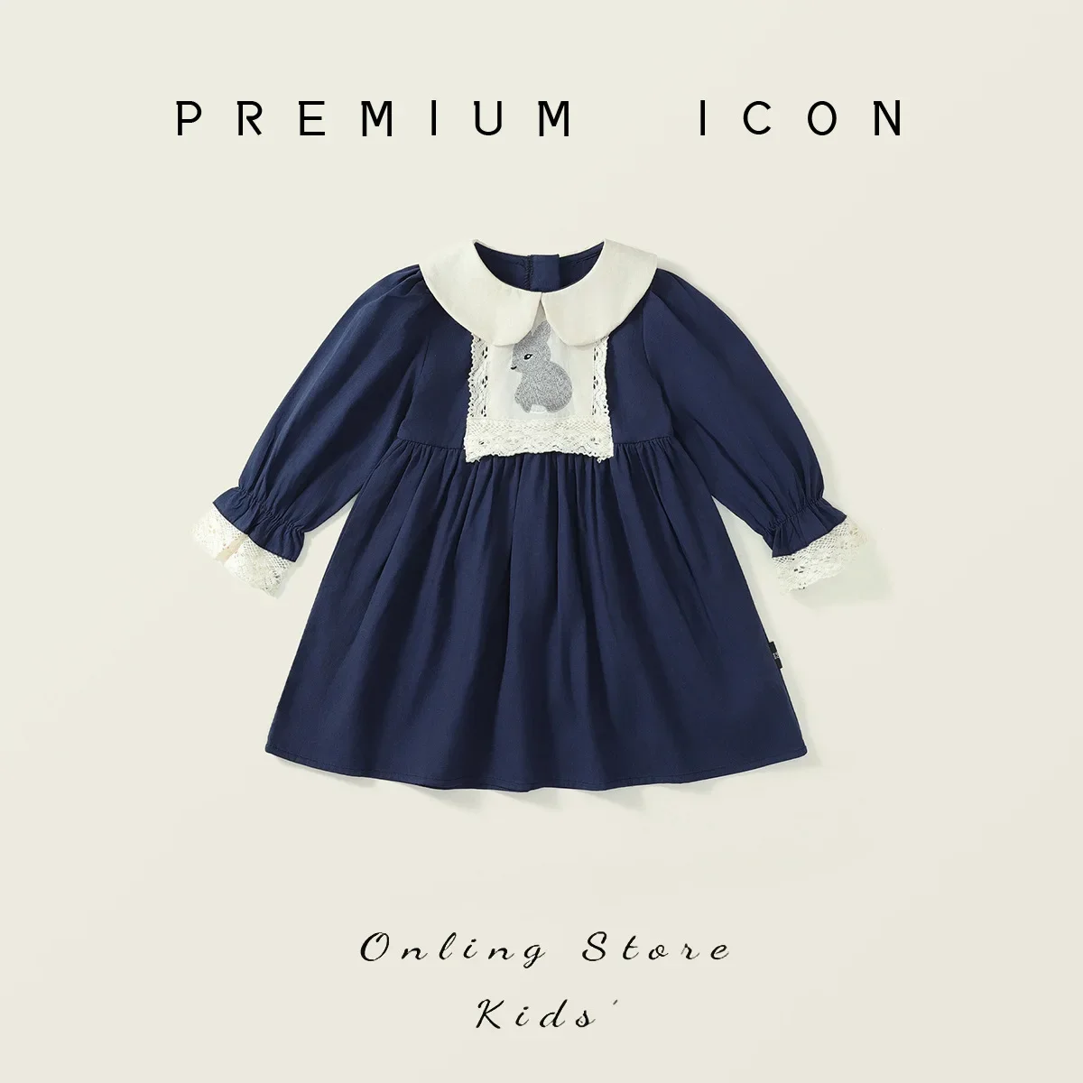 Girls Doll Collar Rabbit Embroidered Dress Autumn Korean Version Long-Sleeved Navy Blue Lapel Princess Dress