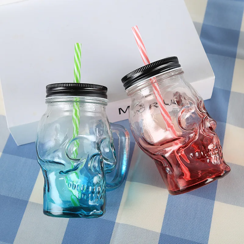 GLASS SKULL DESIGN 16OZ WITH HANDLE BOTTLE