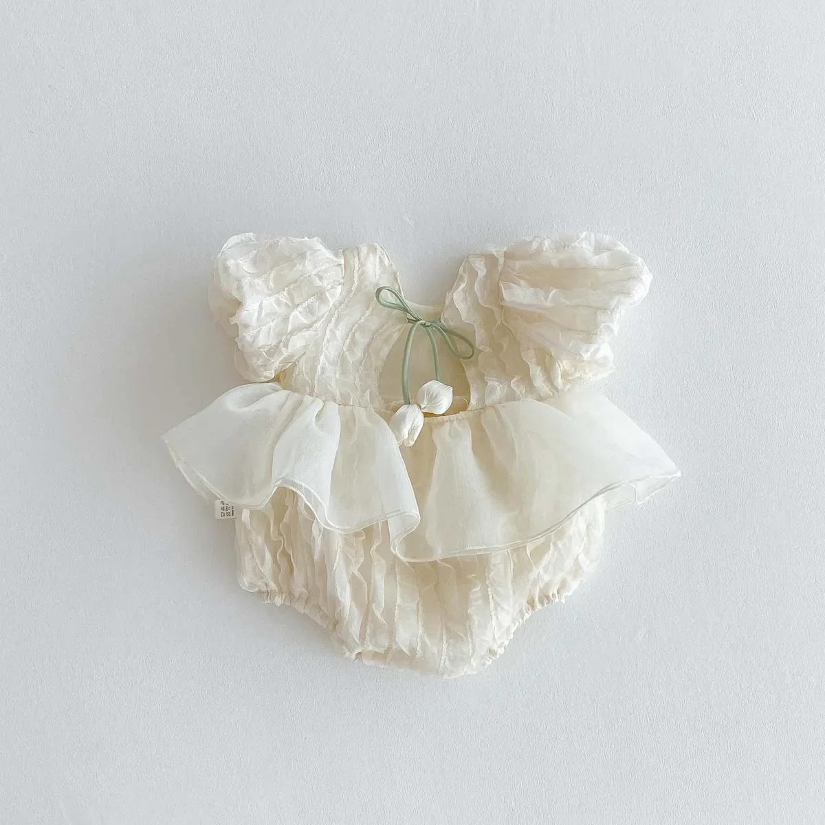 Sweet Baby Girl Summer Romper with Bubble Sleeves And Backless Design Tulip Pattern Lace Trimmed Footless Crawling Suit