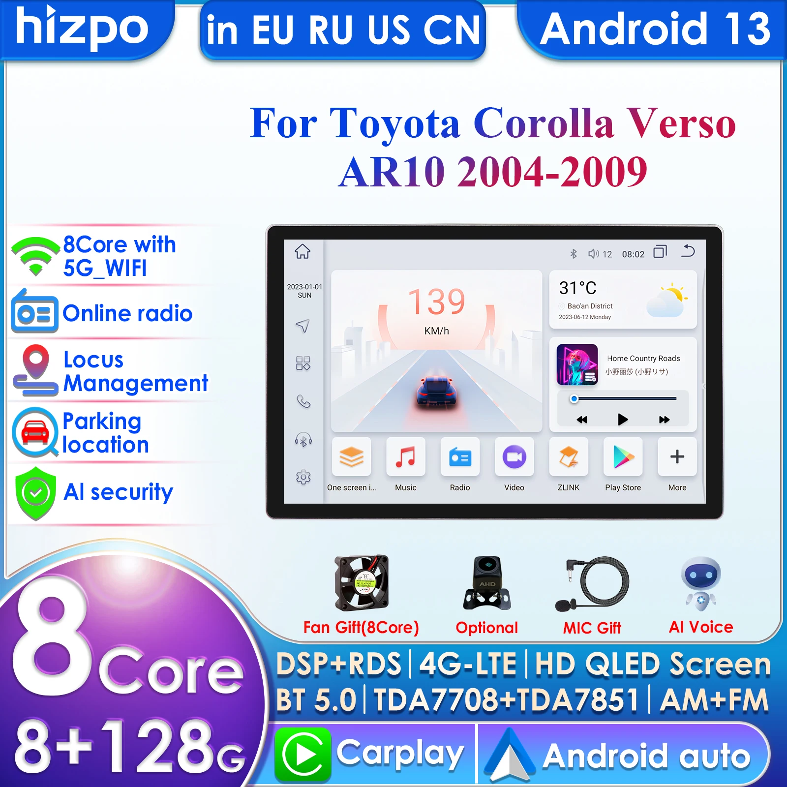 

Android 13 2Din Car Radio for Toyota Corolla Verso 2004-2009 Multimedia Video Player Navigation GPS Carplay Stereo Autoradio DSP