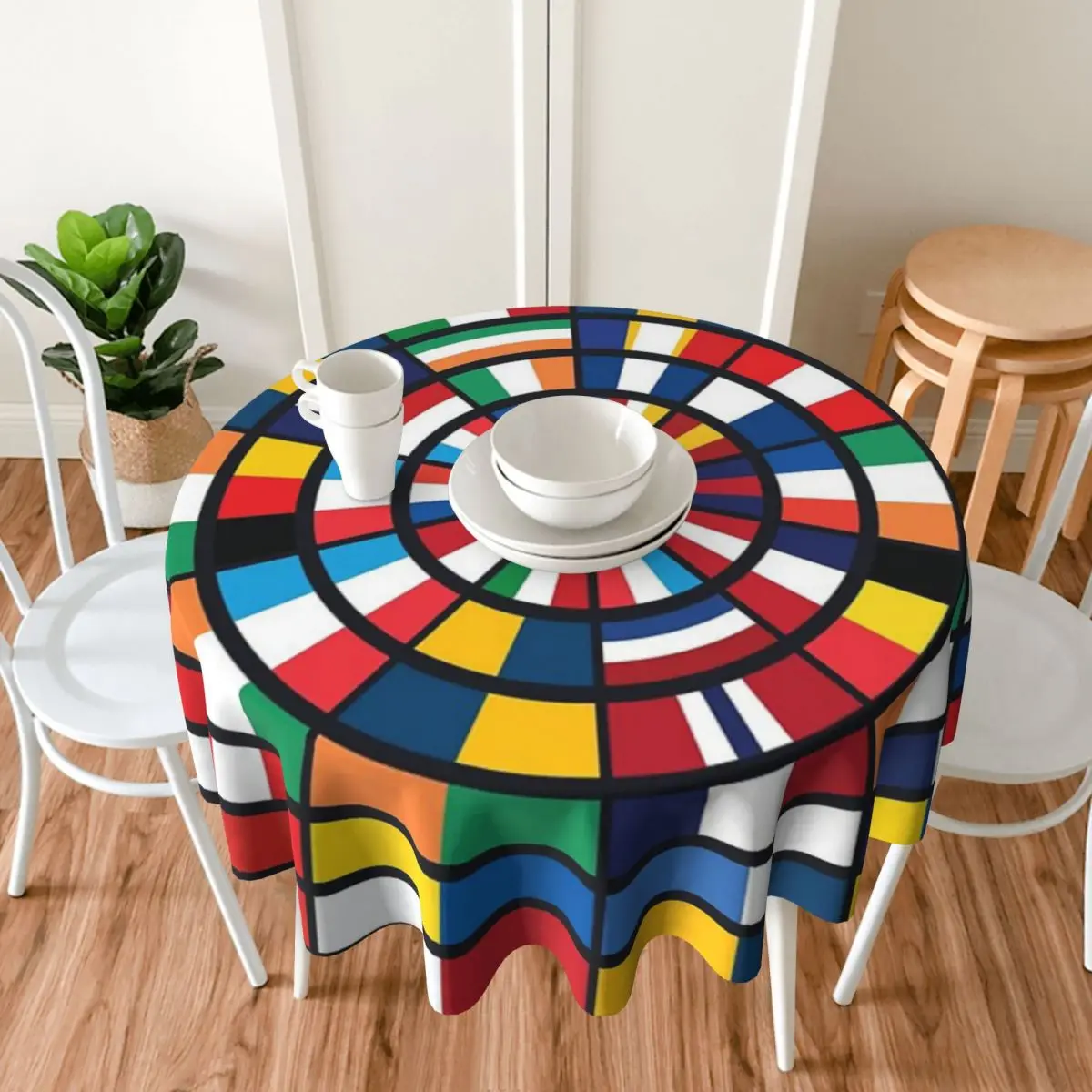 Flags Of The Winners Of The Eurovision Song Contest Tablecloth 60in Diameter 152cm Soft Decorative Border Festive Decor