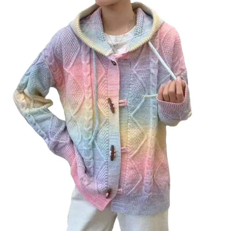 

Women Hooded Sweater Cardigan Autumn Winter Rainbow Horn Buttons Full Sleeve Ladies Knitted Sweater Female Outerwear Tops