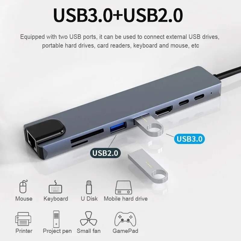 맥북 에어 프로용 USB C 허브, 멀티포트 어댑터, 8 포트, USB-C 4K HDMI,RJ45,PD 충전기, 노트북용 SD/TF 카드 리더, 8 인 1