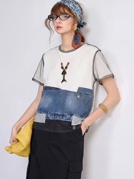 Women Patchwork T Shirt Cropped Top Denim Pocket Mesh Panel Striped Loose Fit Tee Vintage Casual Streetwear Top 1
