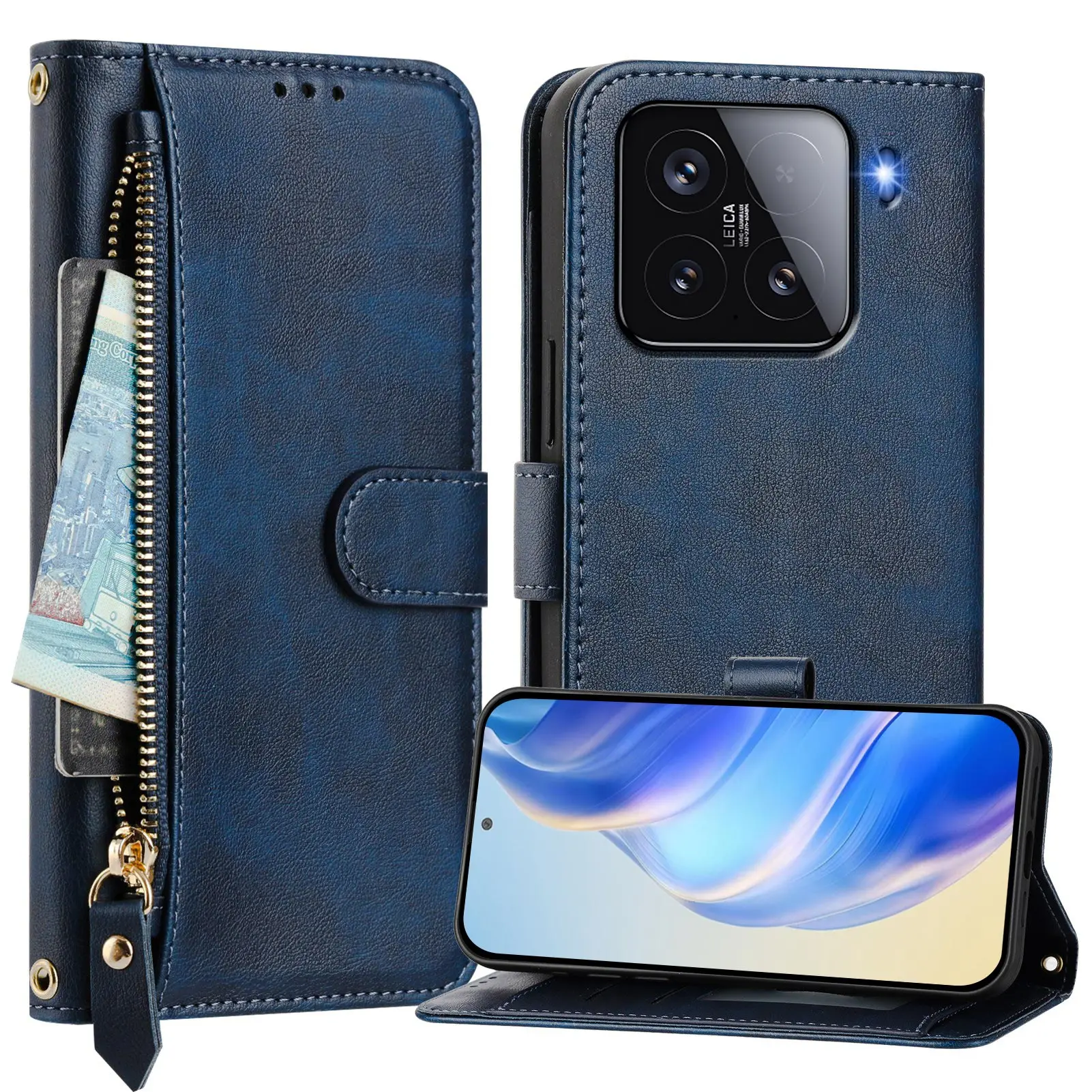 Luxury Zipper Leather Flip Wallet Phone Case with Stand and Card Holder