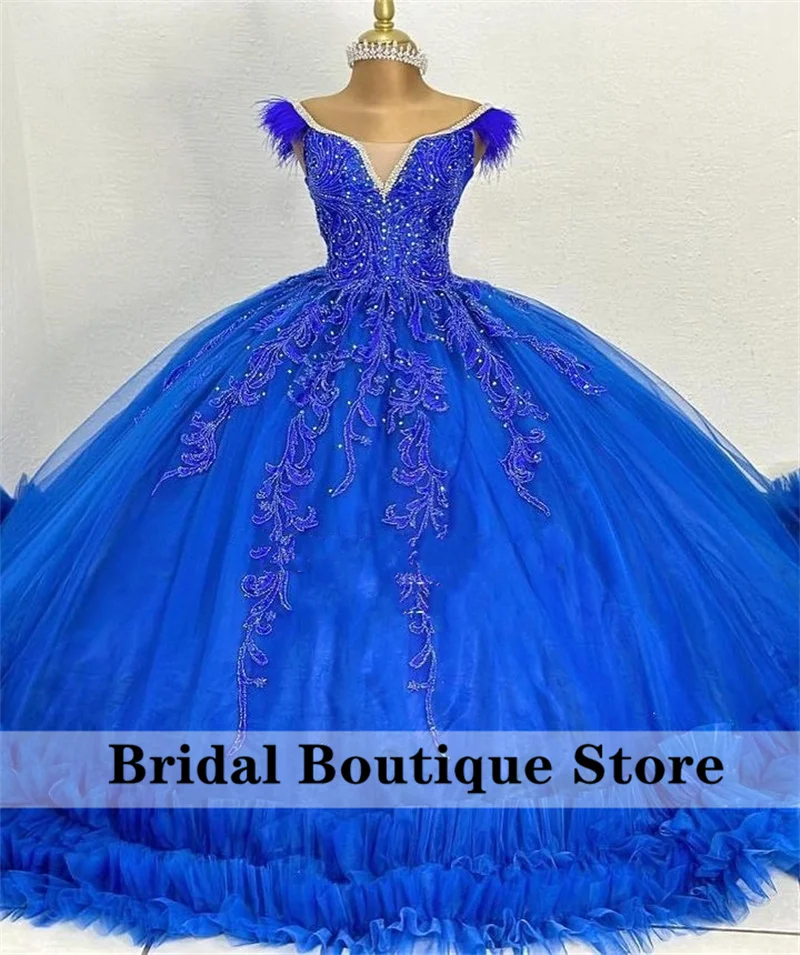 

Luxury King Blue Princess Quinceanera Dresses Beads Appliques Crystals Feathers Tiered Ruffle Ball Gown Sweet 15th Prom Party